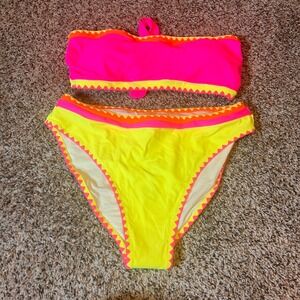 Popvil Neon Pink & Yellow Bikini Swimsuit Set Strapless Bandage Top Size Large